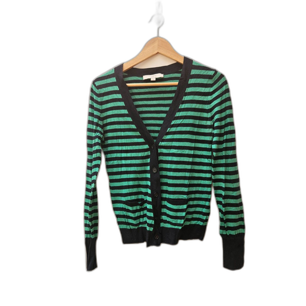 Ann Taylor LOFT Green Striped Button Preppy Nautical Cardigan Sweater Medium